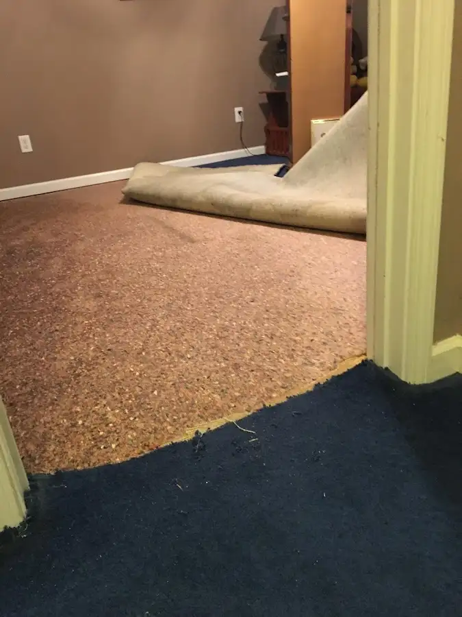 Carpet pad removal revealing water damage during Drying & Dehumidification in Mineral Wells